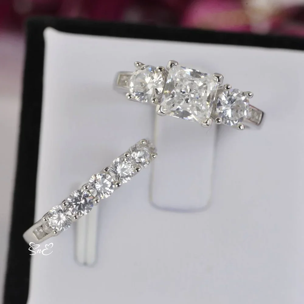 NEW 3 STONE REAL 925 PRINCESS DIAMOND CUT WEDDING RINGS ENGAGEMENT RING